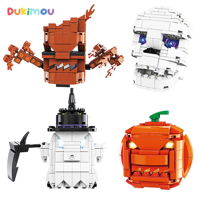 

Halloween Pumpkin Ghost Building Block Light Up Demon Skull Head Assembly Mini Bricks DIY Children Toys for Boys Girls Kids Gift