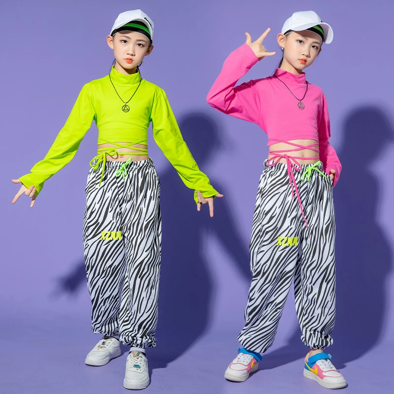

Kid Cool Hip Hop Clothing Lace Up Crop Top Long Sleeve Shirt Streetwear Zebra Pants for Girl Jazz Dance Costume Clothes Set