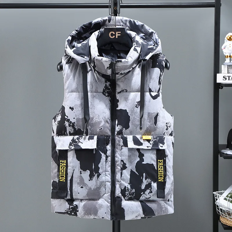 Camouflage vest boy's 2022 autumn winter coat Korean style down cotton vest slim waistcoat fashion hooded vest