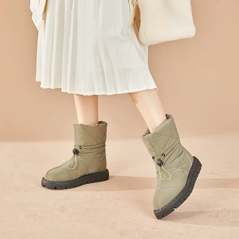

2023 New Winter Snow Boots High Quality Quilted Nylon Down Ankle Boots Women Round Toe Flat Bottom Warm Pillow Boots Botas Mujer
