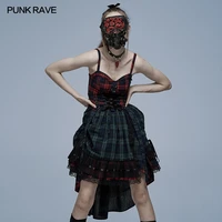 punk rave womens gothic red blue gradient plaid cotton dress corns lace decorated playful club long dresses summer
