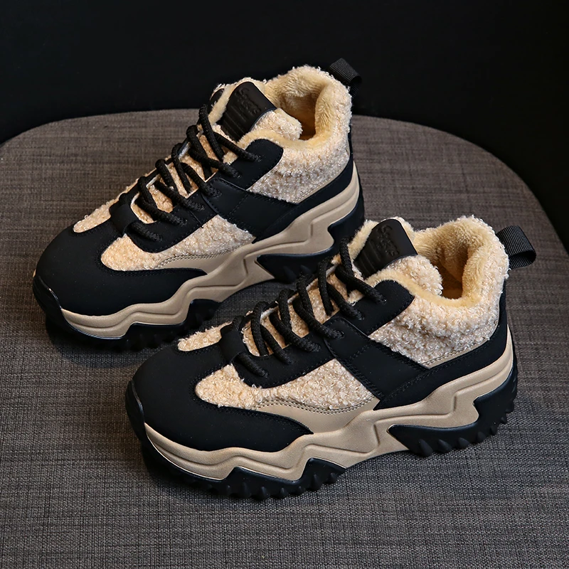 

Cow Suede Med Heel Sneakers for Women Hot Sale Winter Mixed Colors Lace-up Ladies Shoes Round Toe Women's Vulcanize Shoes