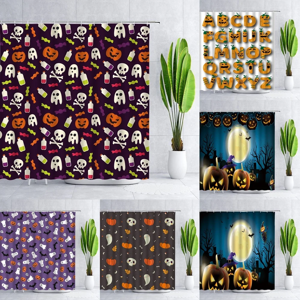 

Halloween Children Shower Curtain Black,Orange,Autumn Holiday Pumpkin Interesting Witch Bathroom Decoration Fabric Curtains