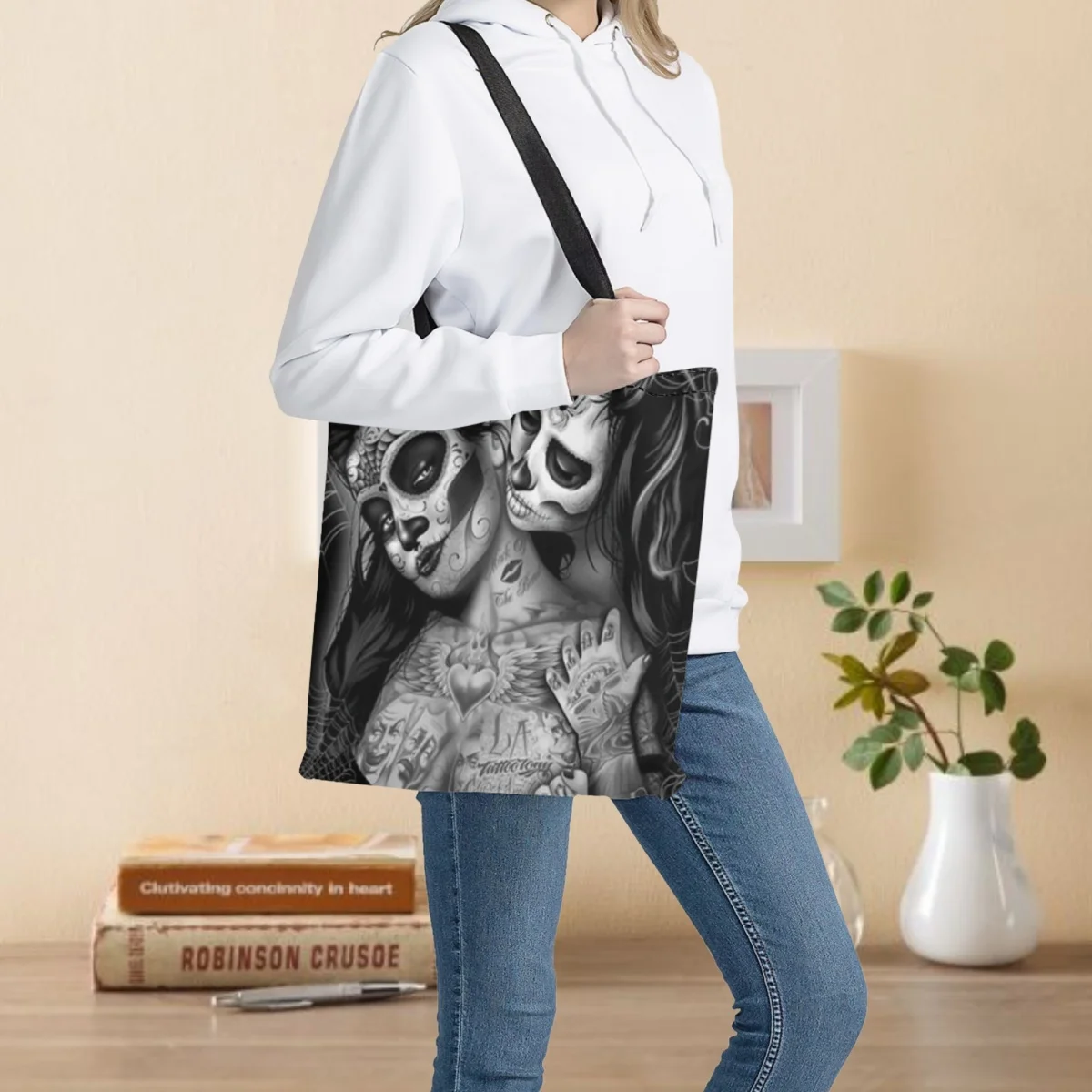 

Сумки-шопперы для женщин Готическая женская сумка с двусторонним принтом, вместительная сумка для хранения для девочек, складная многоразовая сумка через плечо