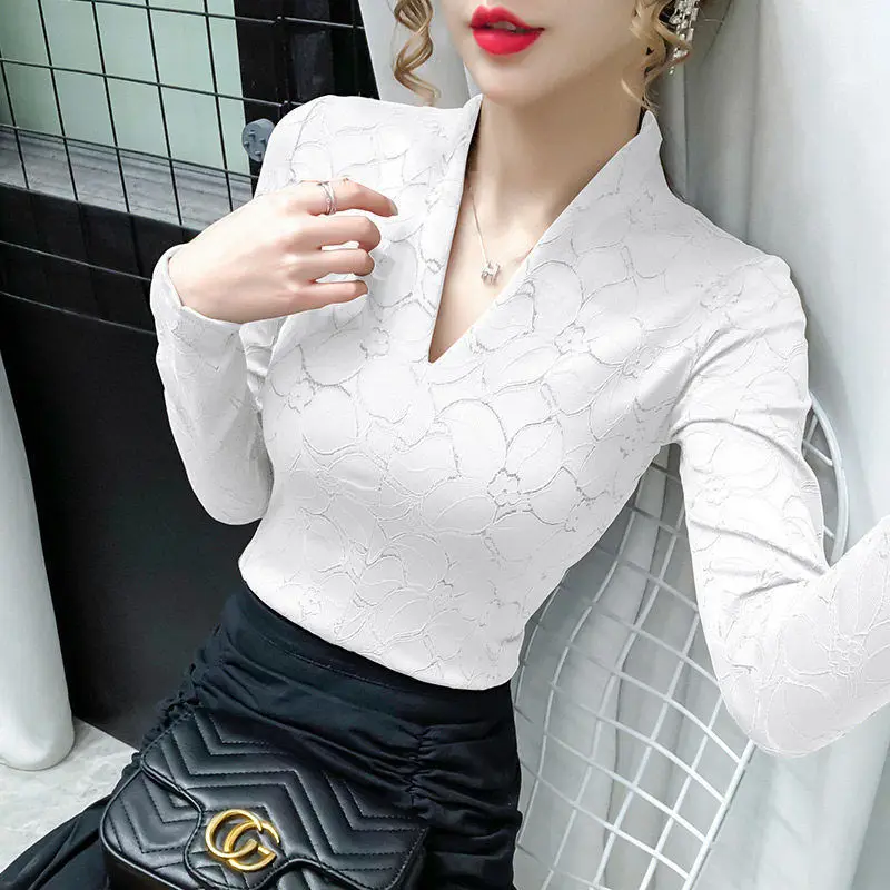 Женская кружевная блузка с V-образным вырезом и длинным рукавом | одежда