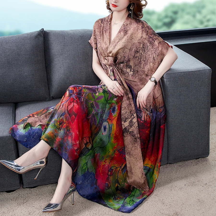 

Платье женское атласное с коротким рукавом, Элегантное Длинное Вечернее повседневное шелковое платье с принтом, роскошная винтажная одежда в Корейском стиле, лето 2023