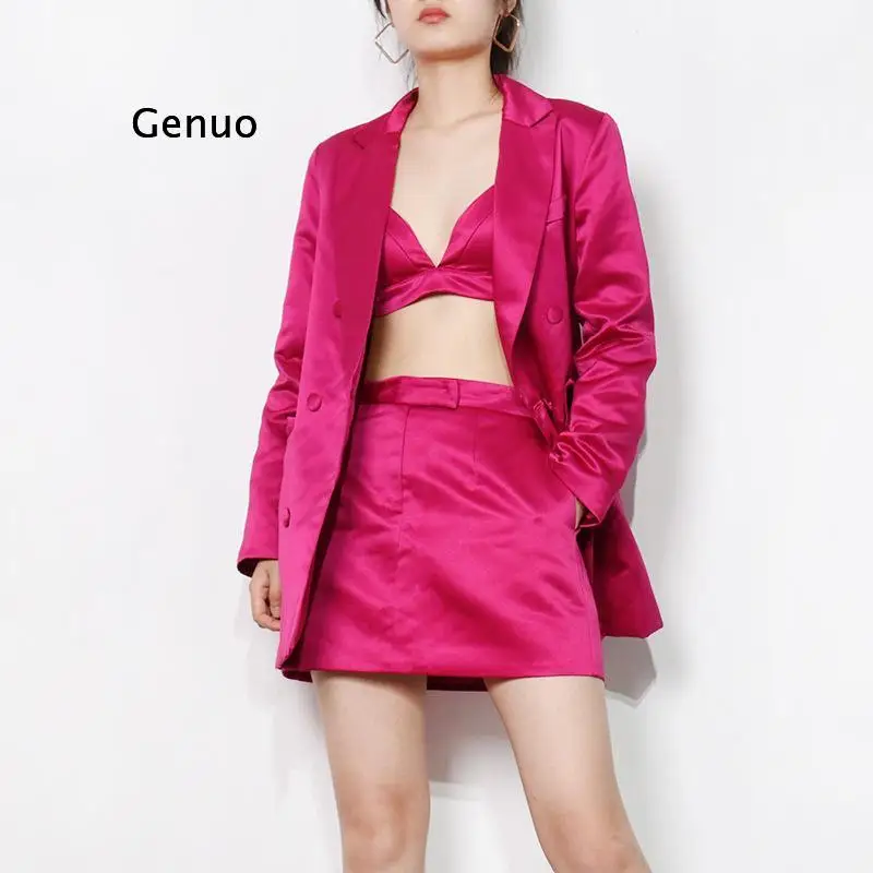 

3 Pcs Sets Skirt Blazer Suits 2021 Summer New Sexy Rose Purple Three-Piece Double-Breasted Suit Camisole Short Skirt Jacket Suit