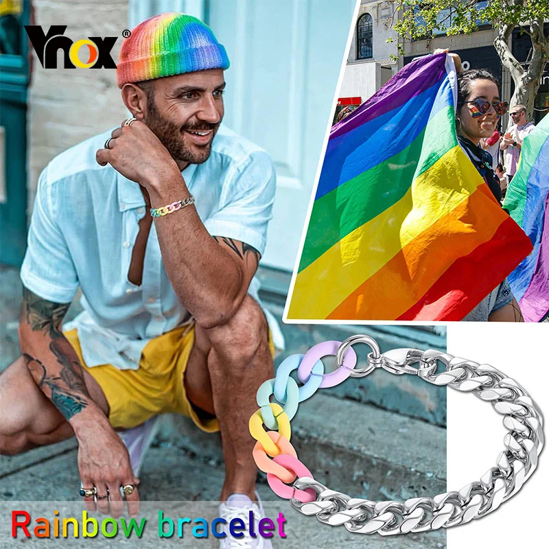 

Vnox Unique Rainbow Color Chain Bracelets for Men Women, Stainless Steel Cuban Chain Link Wristband Jewelry,Splicing Accessory