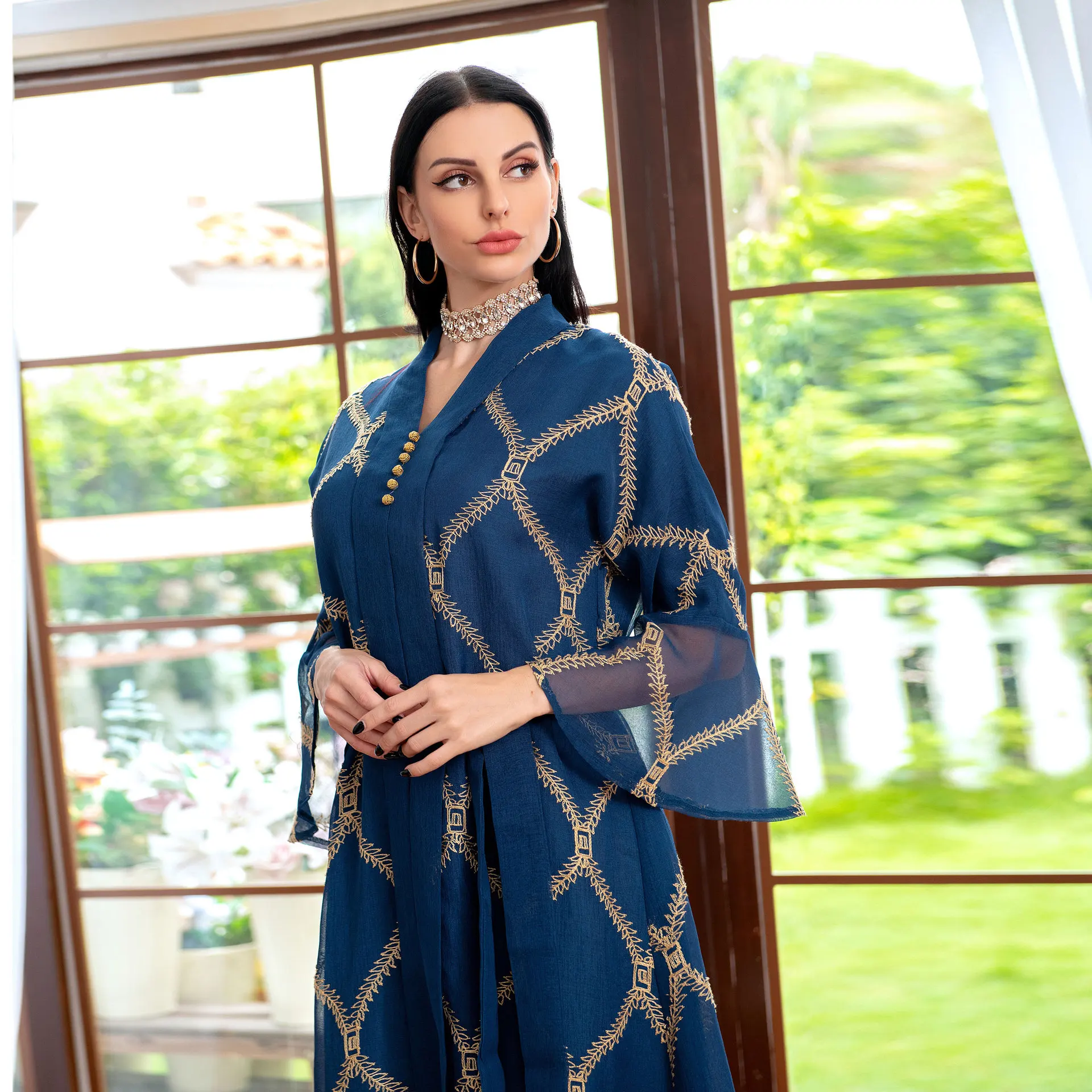 Eid Muslim Dress Women Islam Mesh Embroidery Abaya Dubai Evening Turkish Dresses Jalabiya Moroccan Kaftan Robe Middle East Arabe