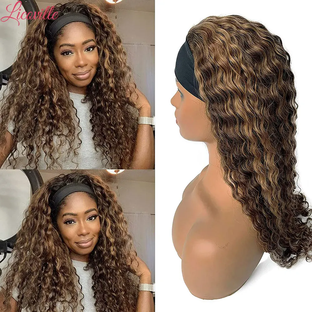 

Brown Blonde Highlight Women's Headband Wig Natural Short Human Hair Wigs Hairpiece Glueless Deep Curly Pixie Virgin Peruvian