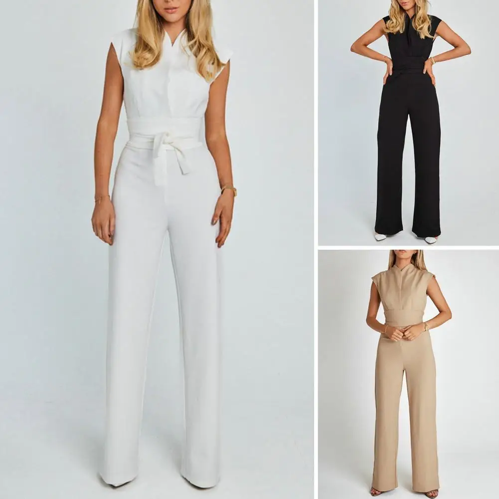 

Women Jumpsuit Summer V-neck Sleeveless Jumpsuit High Waist Belt Straight Wide Leg Playsuit Solid Color Office Lady Overall