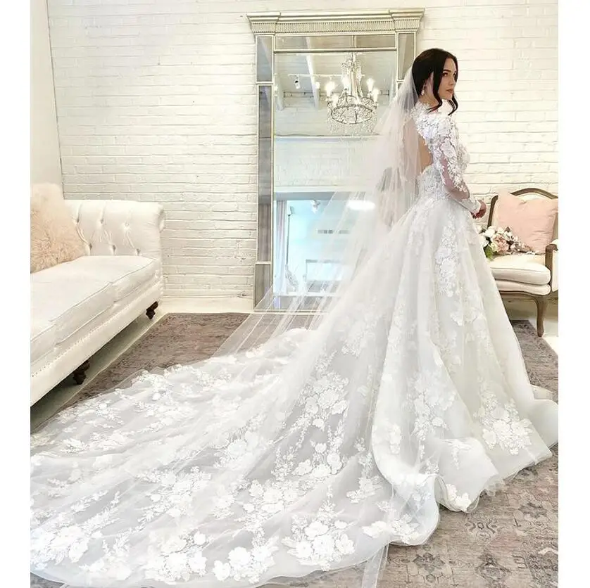 

Retro Full Lace Wedding Dresses A Line High Neck Long Sleeves Hollow Back Sweep Train Vintage Bridal Gowns Marriage