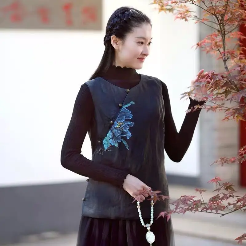 

2023 Китайский традиционный Женский жилет qipao, восточный женский хлопковый топ с круглым воротником, без рукавов, танцевальный костюм на пуго...