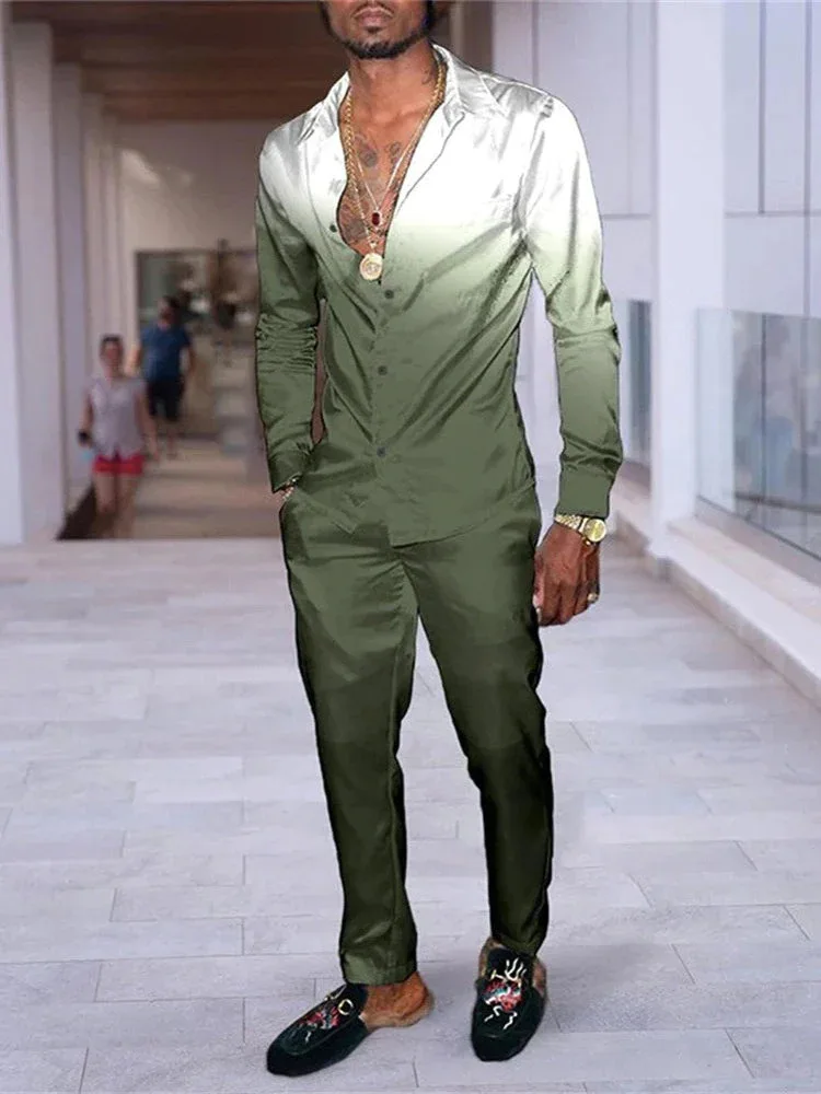 Spring Autumn Men's Shirt With Trousers Coconut Trees 3D Print Harajuku Two-Piece Set Same color Casual Entertainment Tracksuit