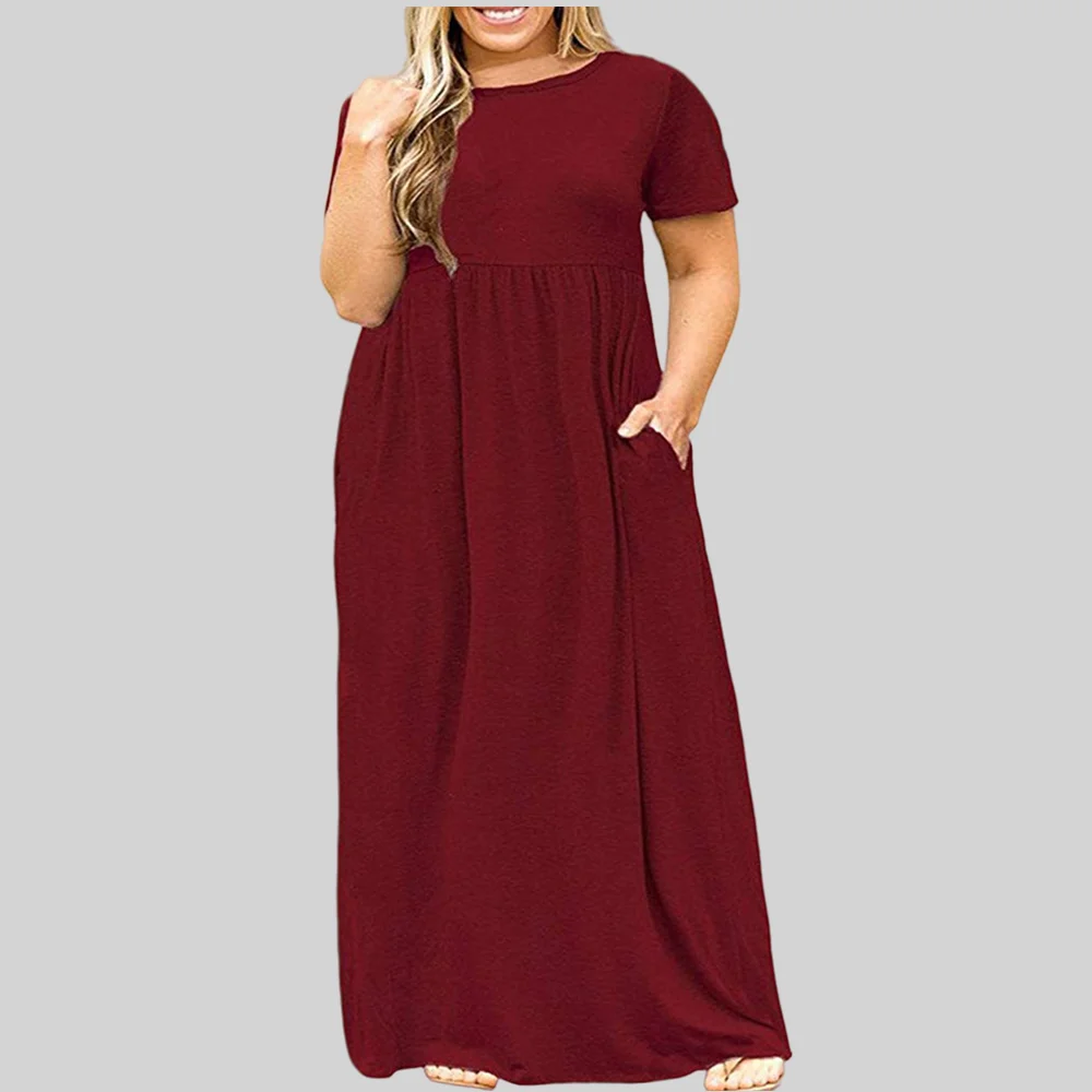 Plus Size Women Clothing Summer 2022 New Dresses Round Neck Solid Color Print Long With Pockets L-5XL Oversized