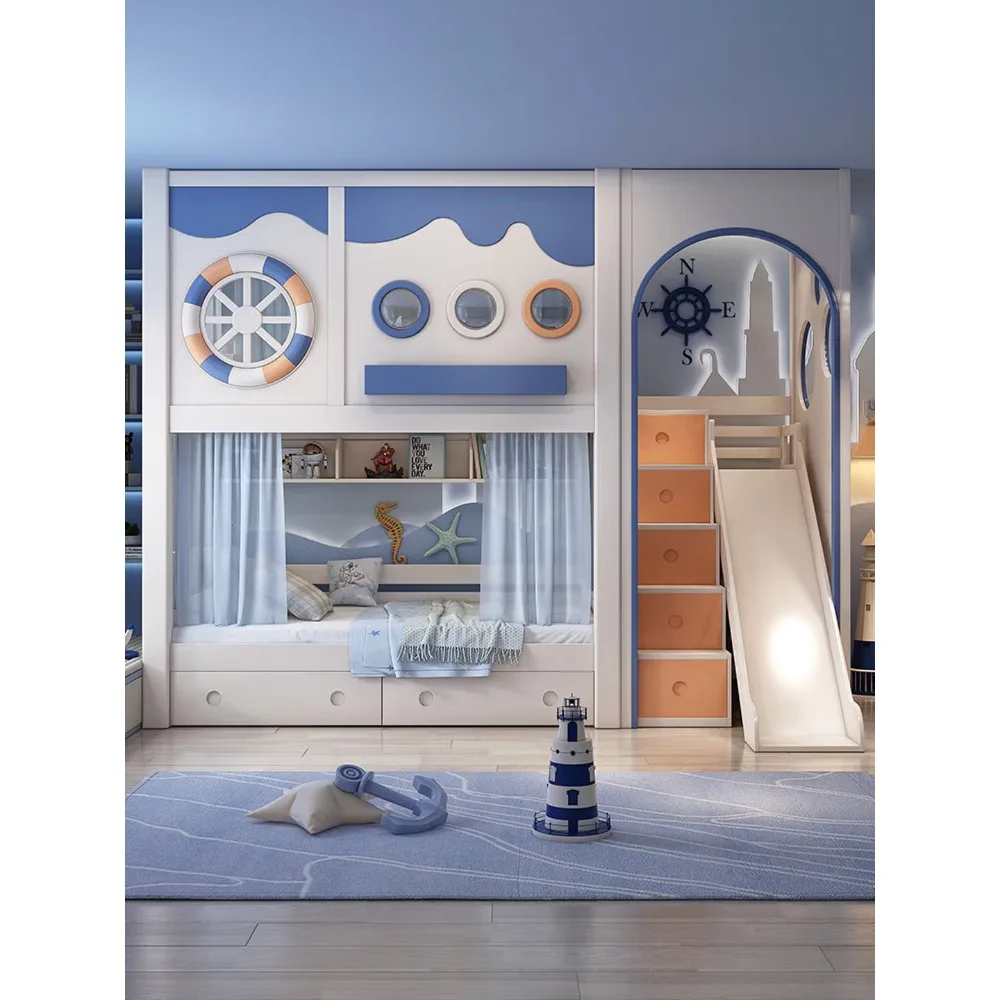 Фото Детская кровать-капсула из массива дерева с горкой, книжной полкой и ящиками, современная мебель для детей №3