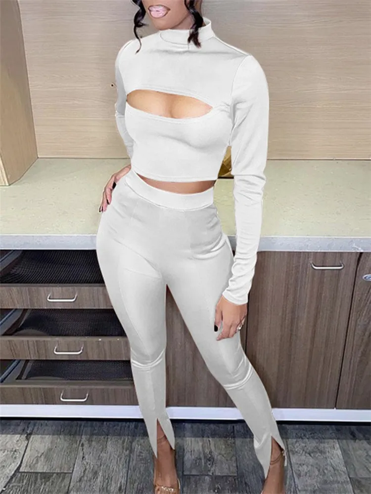 

2022 AutumnTwo Piece Sets Womens Cutout Long Sleeve Top & High Waist Pants Set Outifits Fashion Tracksuits Casual Female Outfit