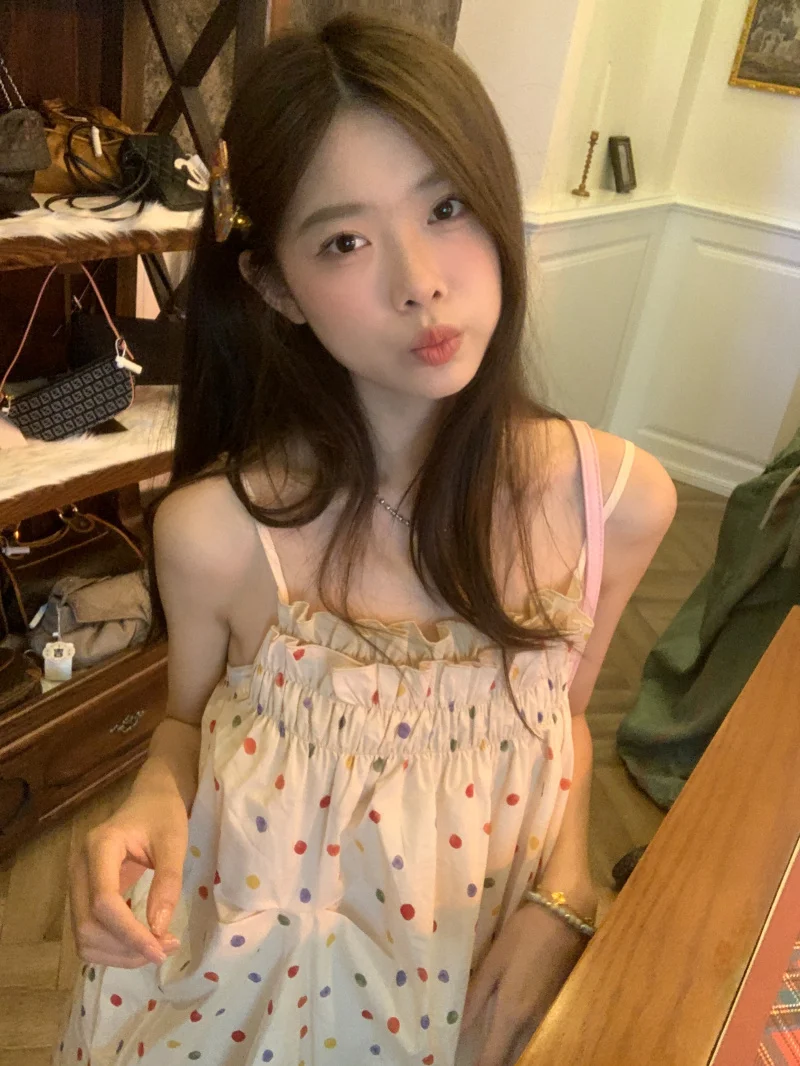 

Милое и Красочное платье GY4116 в горошек на бретельках для женщин, новый французский свободный дизайн, уникальная короткая юбка А-силуэта