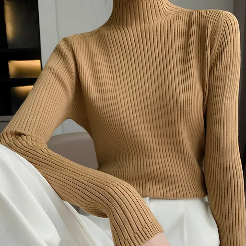

Elegant Half High Collar Long Sleeves Knitted Pullover Sweater Women Solid Color All-match Thick Warm Top Slim Designer Sweater