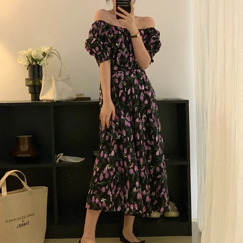 

Женское летнее фиолетовое длинное платье с цветочным принтом и поясом, женский элегантный облегающий сарафан в Корейском стиле с вырезом-л...