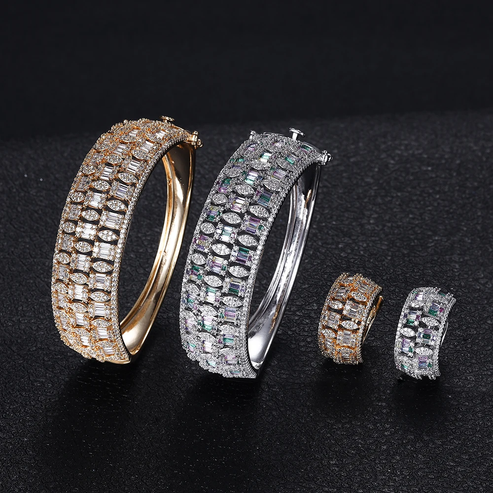

2022 New Customized Fashion Silver Gold Jewelry 3AAA Zircon Women's Bracelet with Ring Jewelry Set