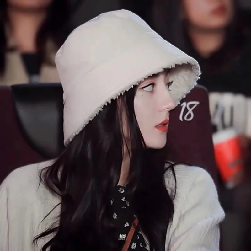 

New Style White Plush Fisherman Hat Women's Autumn and Winter Wild Warm Lamb Wool Bucket Hat
