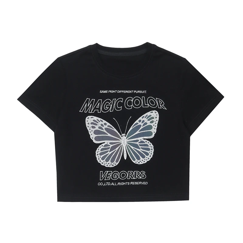 

Summer Fashion Printed T-Shirt Butterfly Crop Top For Teenager Girls Short Sleeve Tee O-neck Short T-shirt