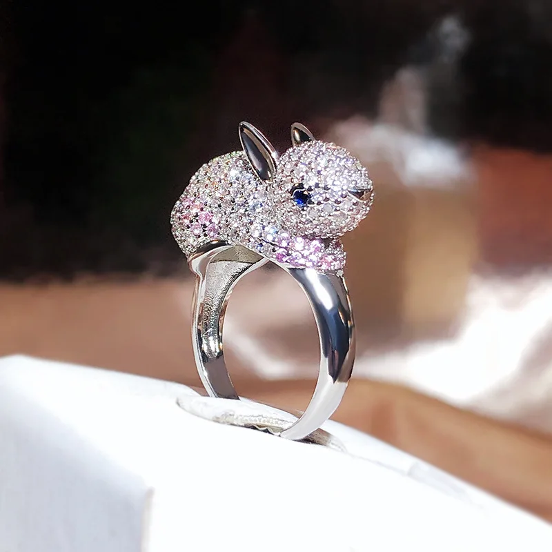 

Sweet and Cute pink rabbit engagement ring 925 silver Full inlay AAAAA zirconia luxury and Advanced sense jewelry for women