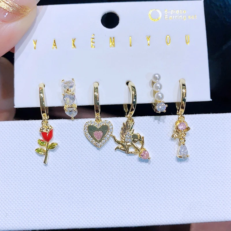 

MIGGA Romantic Pink Cubic Zircon Cupid Heart Dangle Earrings Set for Women Luxury Gold Color Gift Jewelry