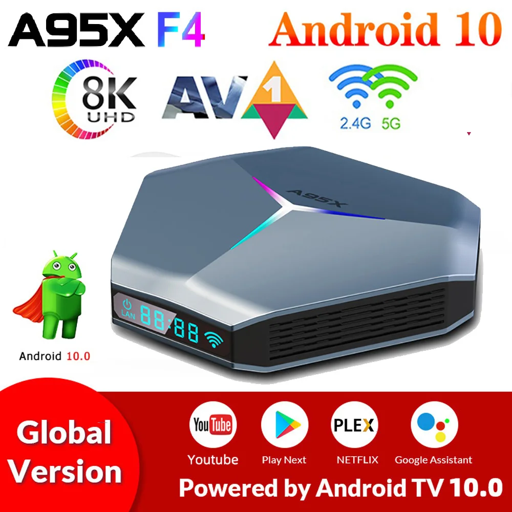 

CanMixs A95X F4 Smart TV Box Android 10 Amlogic S905X4 TVBox 4K 4GB RAM 128GB ROM 2.4G/5G Wifi RGB Light Set Top Box YouTube