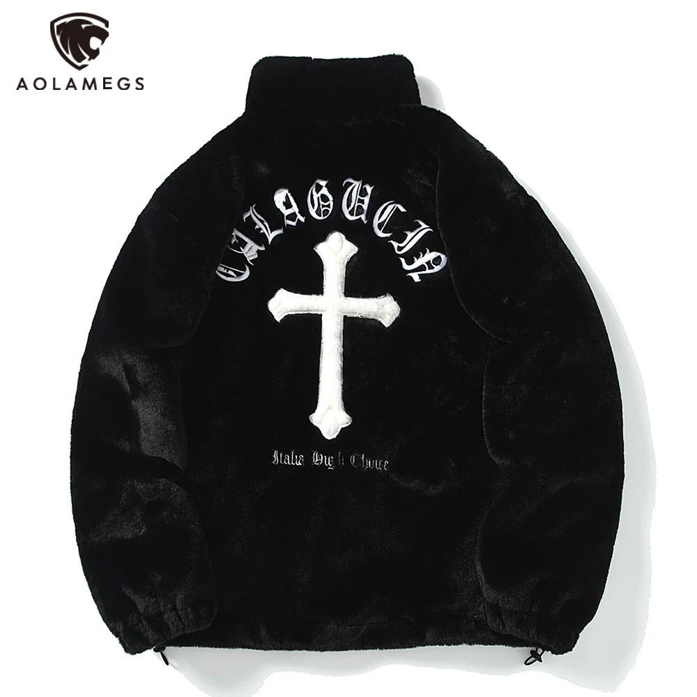 

Men Rabbit Fur Jacket Coats ip op Cross Letters Winter Fleece Jacket Streetwear Casual arajuku Coat Zip Up Fasion Outerwear