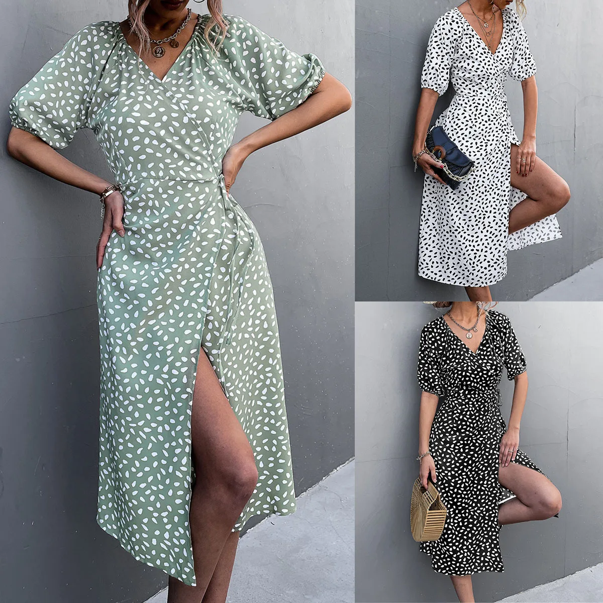 

2023 Summer Sexy Print V-neck Bubble Sleeve Side Slit Bodycon Dresses Lace-up Elegant Hight Waist Ladies Dresses Party Vestidos