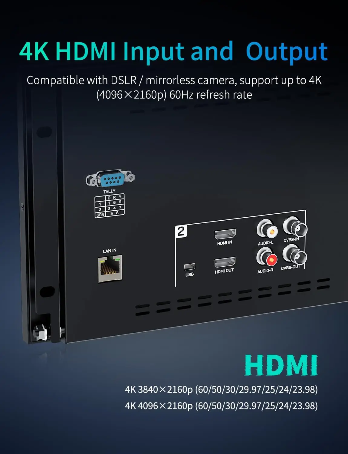 Фото FEELWORLD D101 PLUS Двойной 10.1-дюймовый монитор для установки в стойку 4RU, 4K HDMI SDI, 1920x1200 IPS, гибкое питание с низким энергопотреблением. №2
