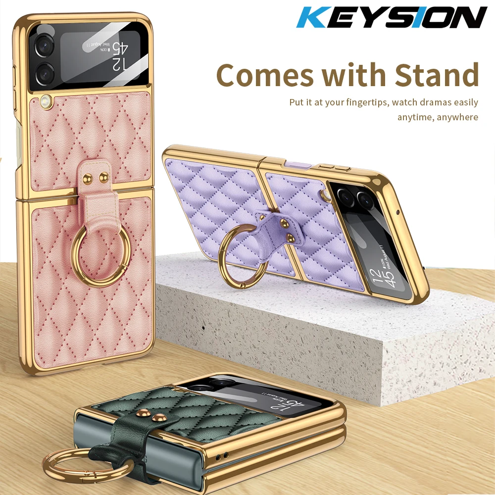 

KEYSION Luxury Lingge PU Leather Phone Case for Samsung Galaxy Z Flip 3 5G Plating PC Ring Phone Back Cover for Galaxy Z Flip 3