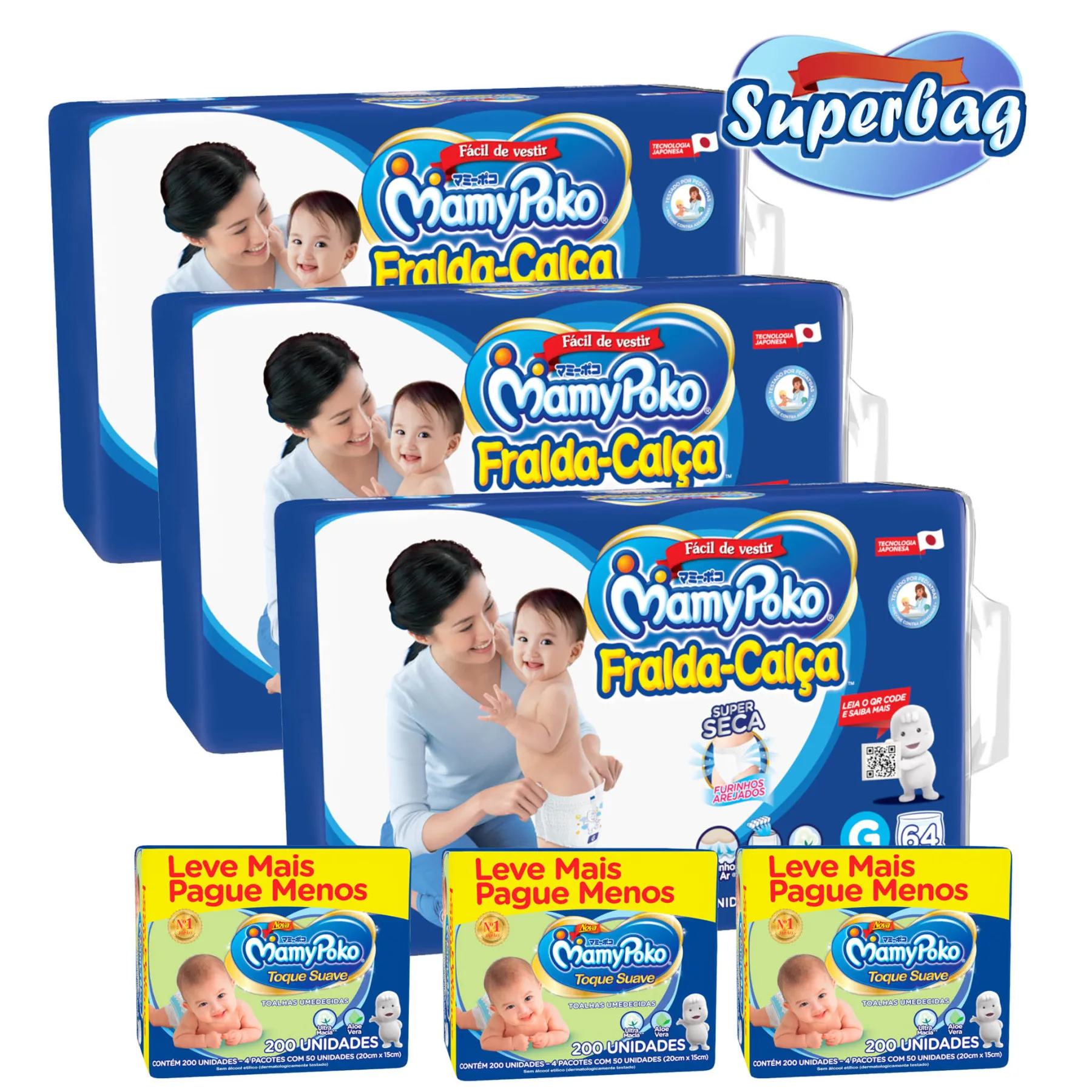 

Kit 03 Super Bag BOTTLE DOWN Disposable Mamypoko G - 192 Units + 600 Wet Wipes