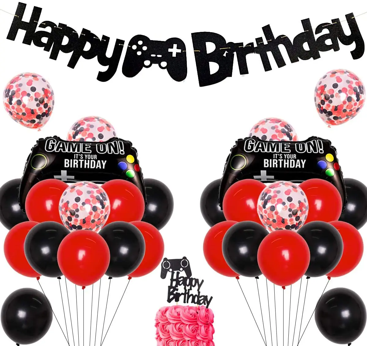 

Video Game Birthday Decoration for Boys Red Black Gaming Theme Party Supplies Happy Birthday Banner Game Controller Balloon