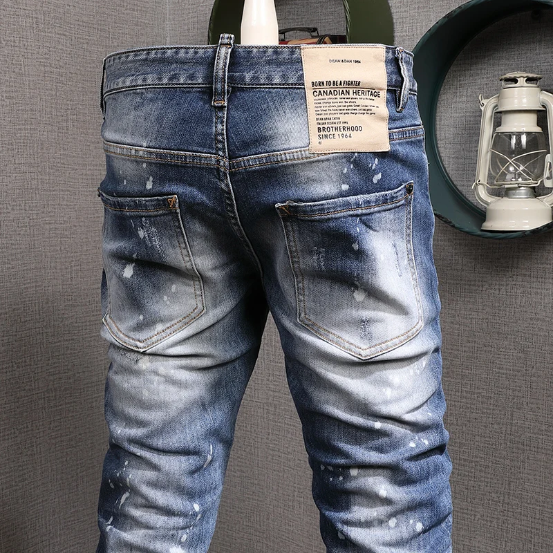 Street Fashion Trousers Men Jeans Retro Blue Elastic Slim Fit Hole Ripped Jeans Men Painted Designer Hip Hop Brand Pants Hombre