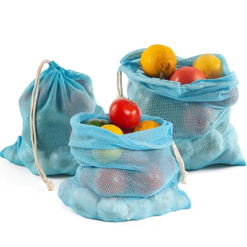 

3PCS Reusable Cotton Mesh Produce Bags for Vegetable Fruit Food Kitchen Washable Grid Storage Eco String Bag Kitchen Organizer