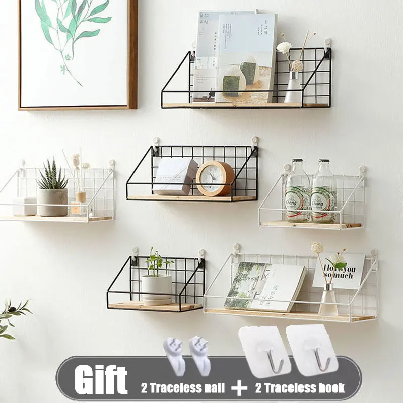 

Wooden Iron Wall Shelf Wall Mounted Storage Rack Organization for Kitchen Bedroom Home Decor Kid Room DIY Wall Decoration Holder