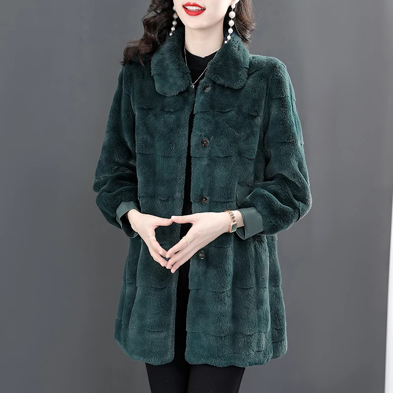 New Winter Women Turn-down Collar Single-breasted Long Coat High Quality Imitated Mink Thicken Warm Faux Fur Coat