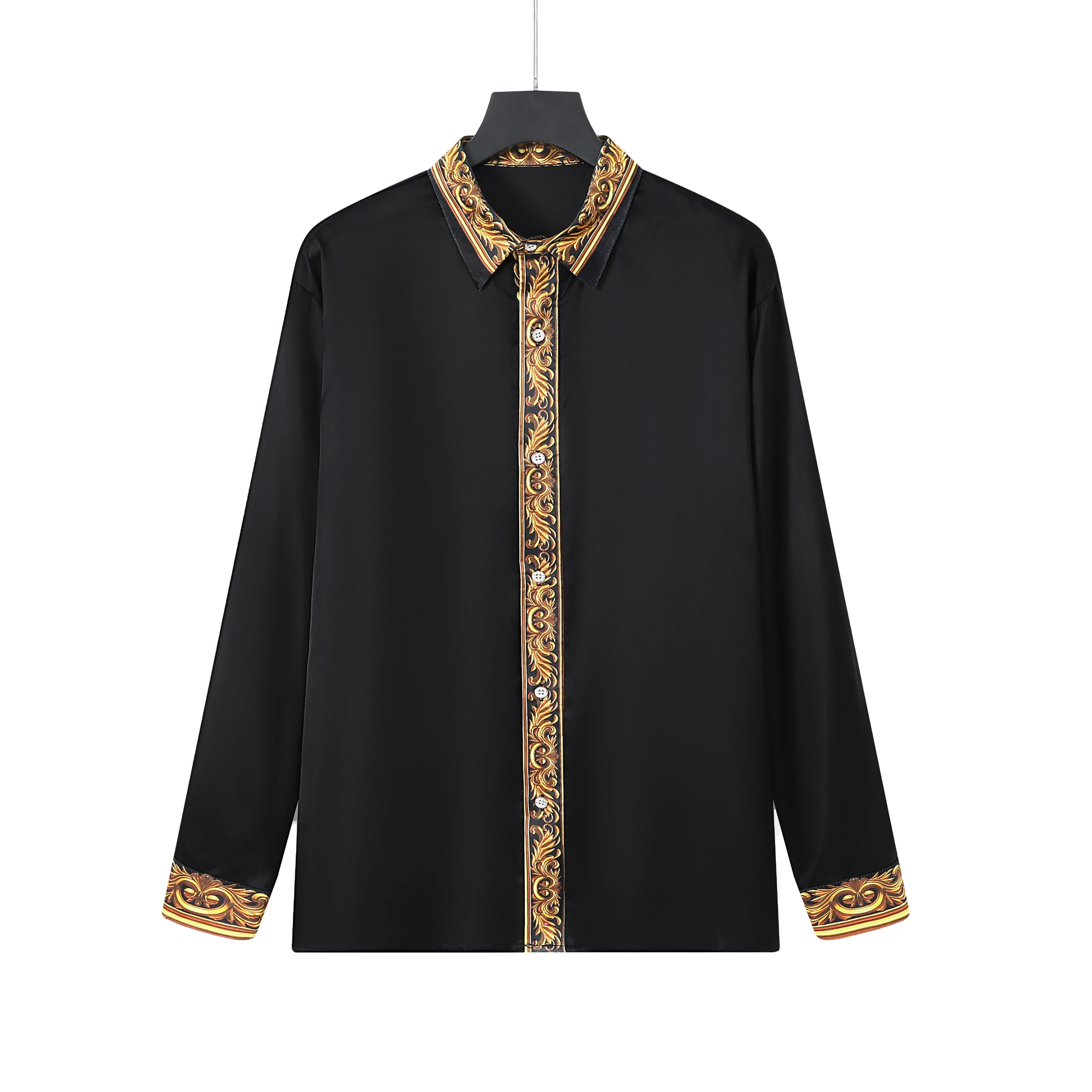 

Gold Embroidery White Shirt Men Brand New Stand Collar Mens Dress Shirts Casual Slim Long Sleeve Chemise Homme Camisa Masculina