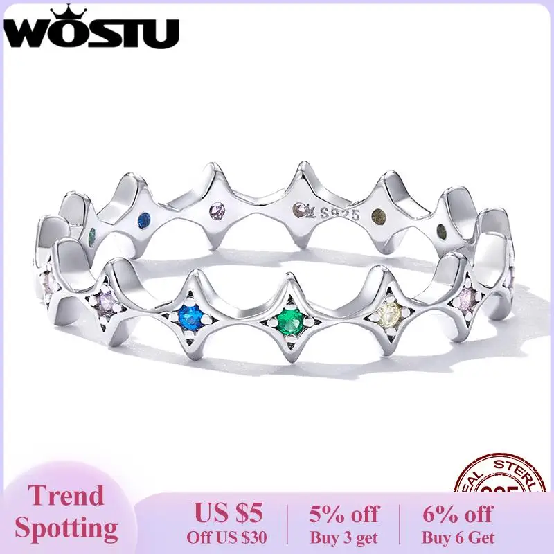 

WOSTU Solid 925 Sterling Sliver Star Ring Sparkling Clear Rainbow CZ Stars Stackable Finger Rings For Women Fine Jewelry Gift