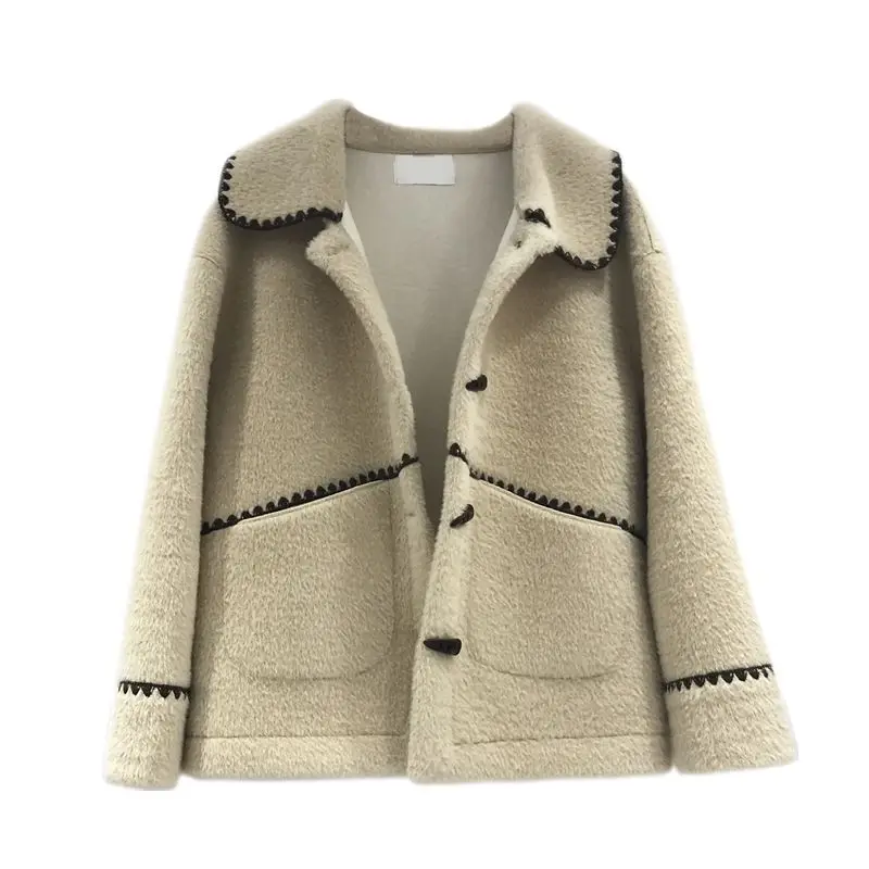 Korean doll collar cow horn button embroidery contrast color loose one-piece coat women's short short stature