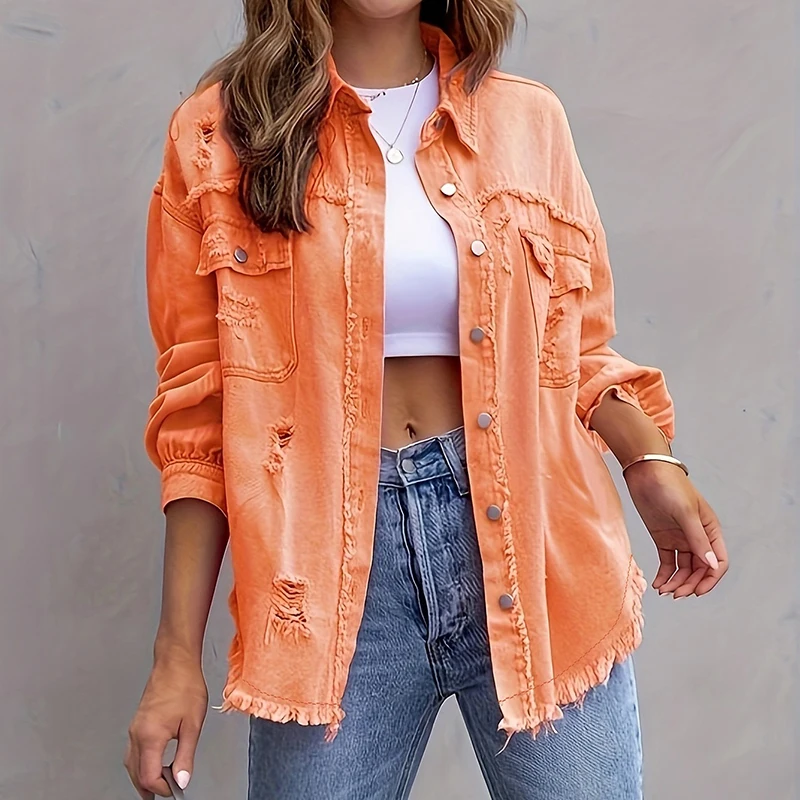 Женская джинсовая куртка повседневная однотонная с длинными рукавами и