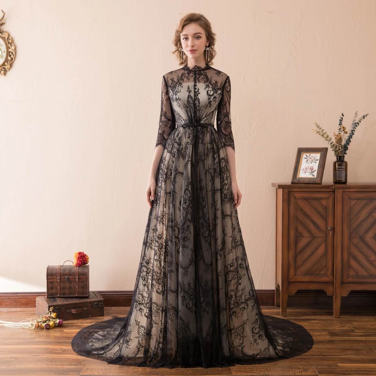 

Noble Black Prom Three Quarter Sleeve Gown Chapel Train Club A Line Cocktail Formal Lace Up Party Lady 2023 Evening Dress