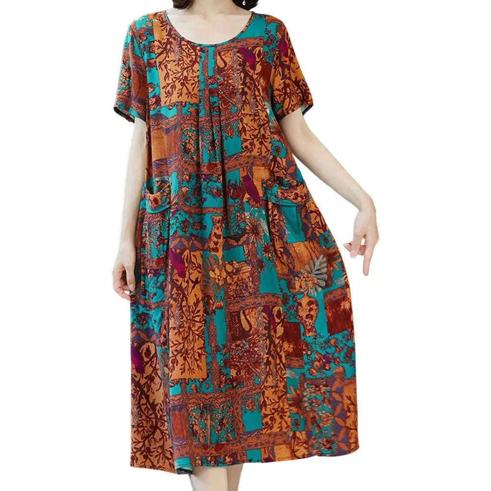 

Mother Dress O Neck Colorful Short Sleeve Dress Summer Flower Print Big Pockets Knee Length Women Long Dress Party