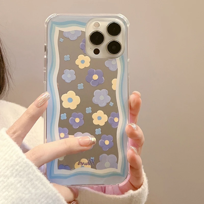 

Оригинальный прозрачный зеркальный чехол для телефона с голубыми цветами для iPhone 14, 13, 11, 12 Pro Max Mini, 7, 8 Plus, X, XR, XS, противоударный чехол-накладка с рисунком из мультфильма