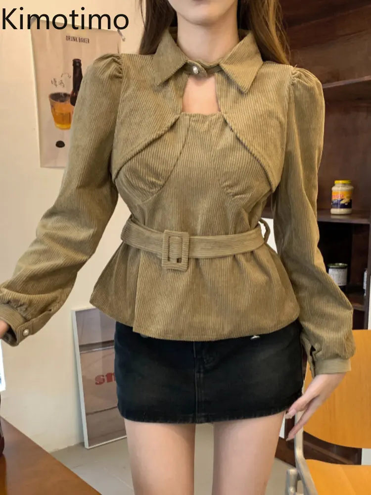 

Женские вельветовые рубашки Kimotimo, весна 2023, ажурные дизайнерские топы с буффами на рукавах и поясом, французские винтажные облегающие униве...