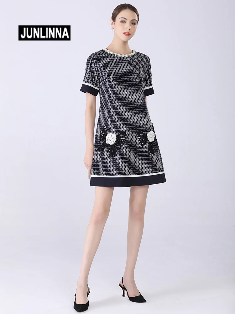 

JUNLINNA Fashion Elegant Women Runway Dress 2022 Summer New Beading and Appliques Elegant Above Knee Vestidos