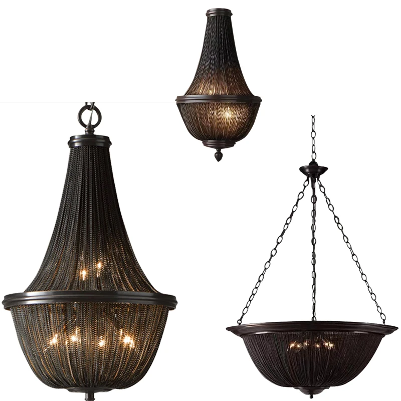 

American Style Black White Aluminum Chain Tassel Pendant Lights Dimmable Fancy Shade Retro Chandelier for Foyer Villa Home Decor